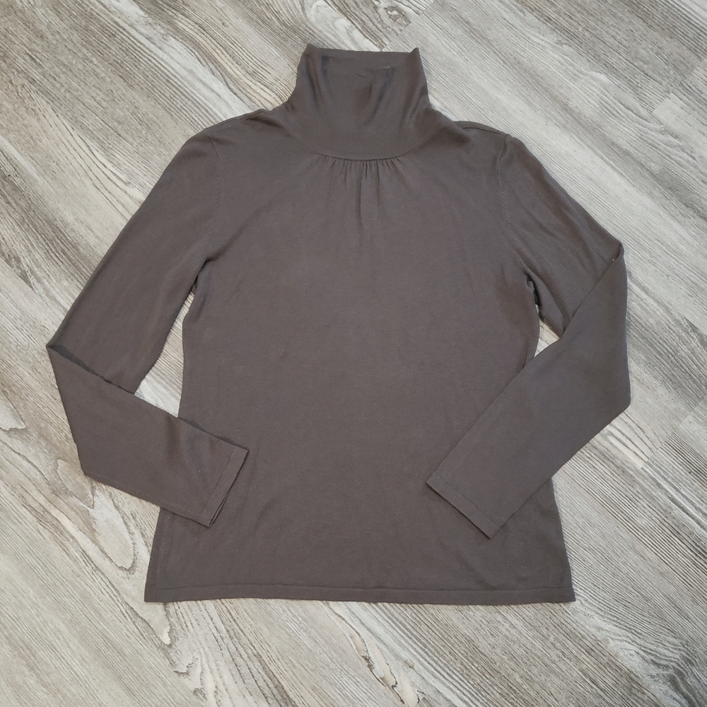 J Jill Silk Blend Knit Turtleneck Top Taupe Ruched Placket Shirt Womens S